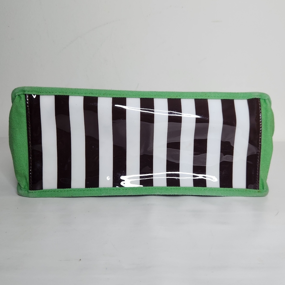 Henri Bendel Tote Bag PVC Canvas Blue Brown White Stripe Green Trim - Picture 10 of 10